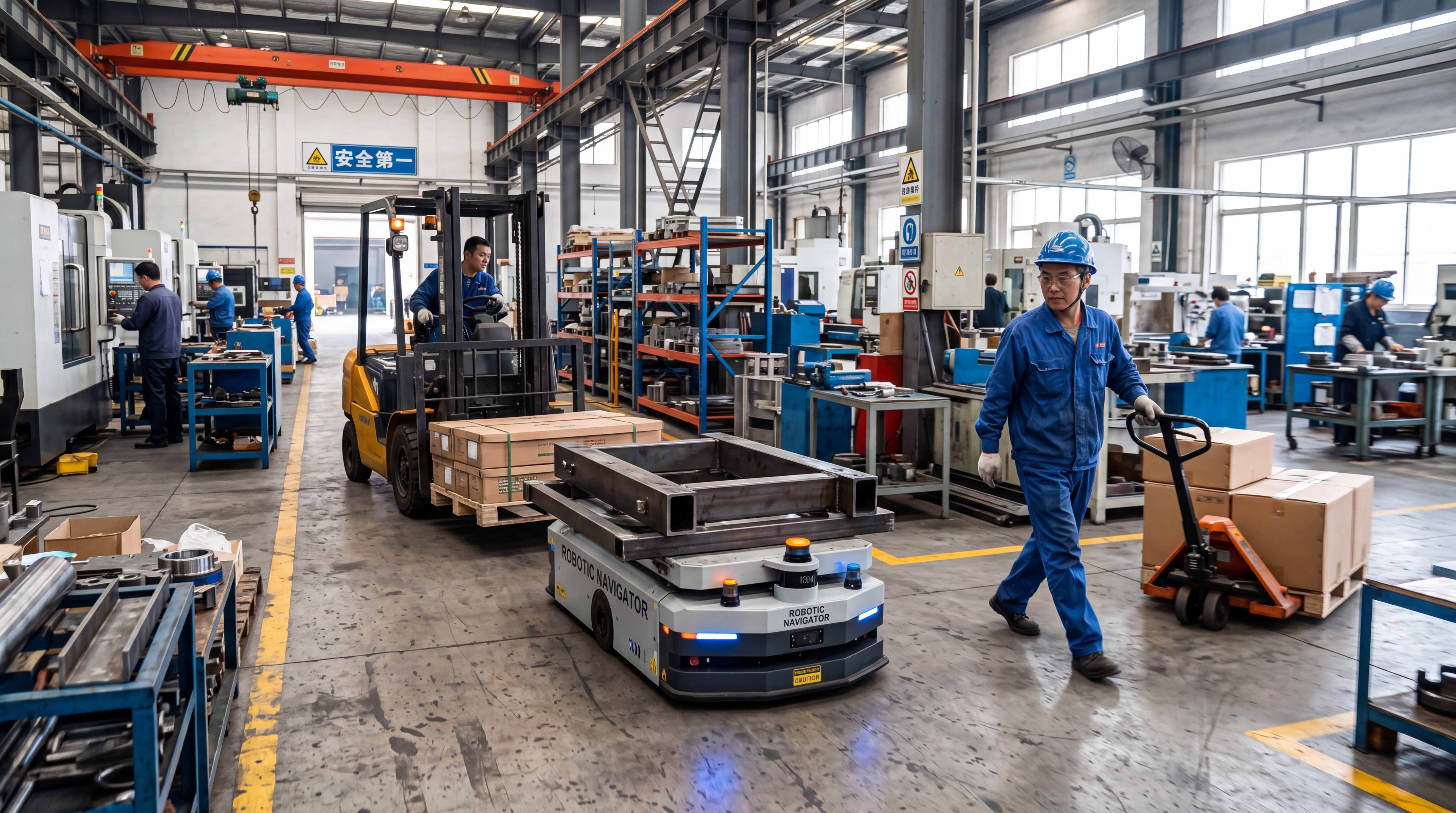 AMR mobile base moving through a mixed factory traffic environment with workers and forklifts nearby